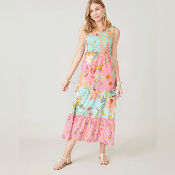 NWT Spartina Avalon Smocked Dress Queenie Tropical Floral Mix